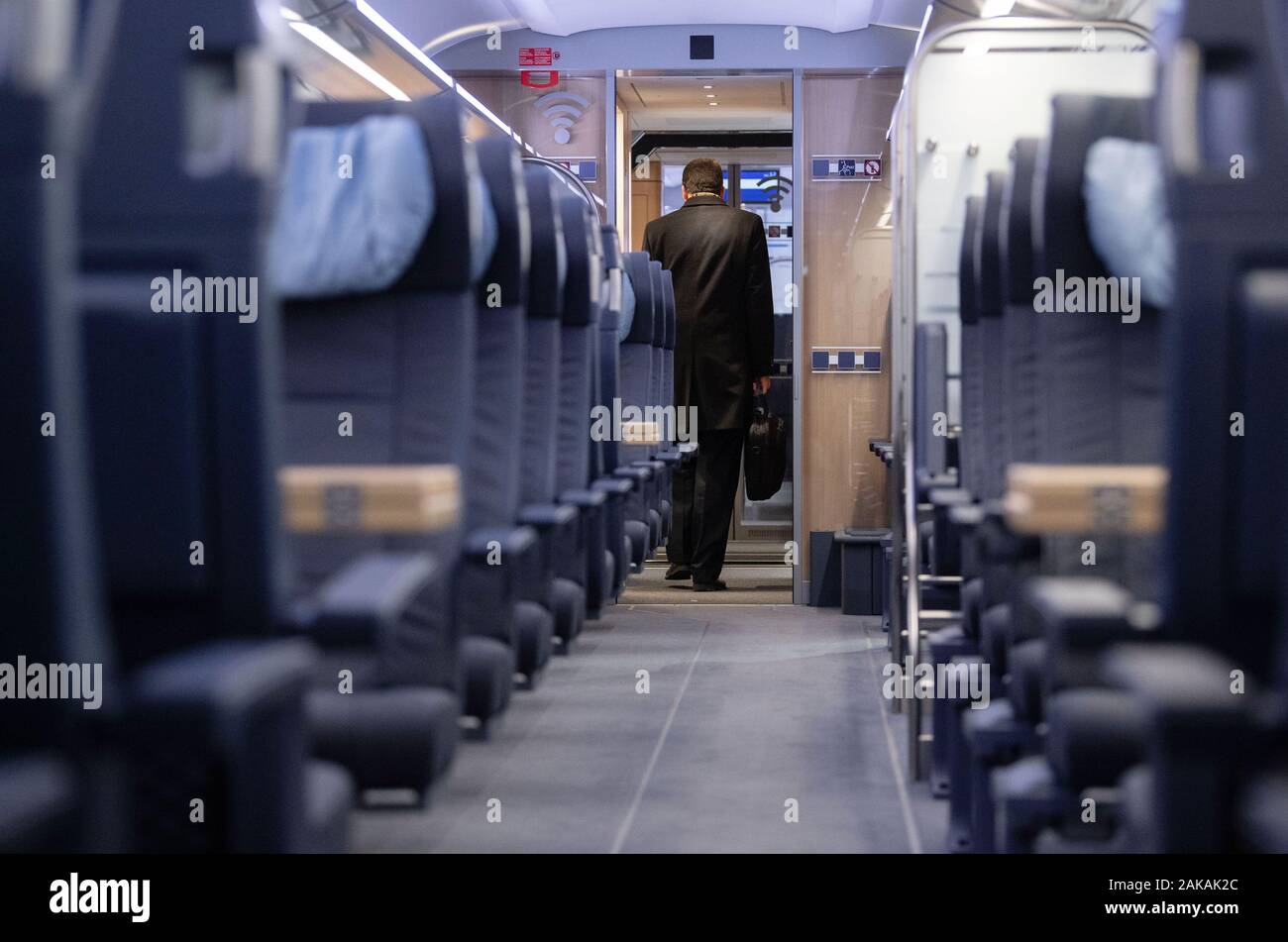 Stuttgart, Germany. 08th Jan, 2020. A man walks through the first class of an ICE-4. Credit: Marijan Murat/dpa/Alamy Live News Stock Photo