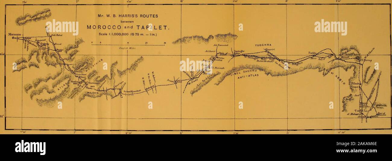 Tafilet; the narrative of a journey of exploration in the Atlas mountains and the oases of the north-west Sahara . Mr. W. B. HARRISS ROUTESbetween MOROCCO and TAF I LET Scale 1:1,000,000 (15 75 m. = I in.). Map pubUsh^- by the rt-^ol Gscgrofhi-c INDEX, Abda, 11. Abdul Aziz, 40, 42, 43, 265.,, Aziz, Sultan, 330-379.M Kader, Mulai, 298.Abdullah ben Hoseyn, 145, 186.II ben Sessi, 55. n el Kamil, 335. ,, Shereef, Mulai, 335. Abu Aam, 229, 274, 292, 305.„ Bekr, 17, 18, 31, 52, 326.Adrai^ nDeren, 119. M nIri, 105, 119.Africa, 93. Africa, Marmols, 261.Afuden Xugelid, 81.Agdal, 34, 37.Agorgoreh, 145.A Stock Photo