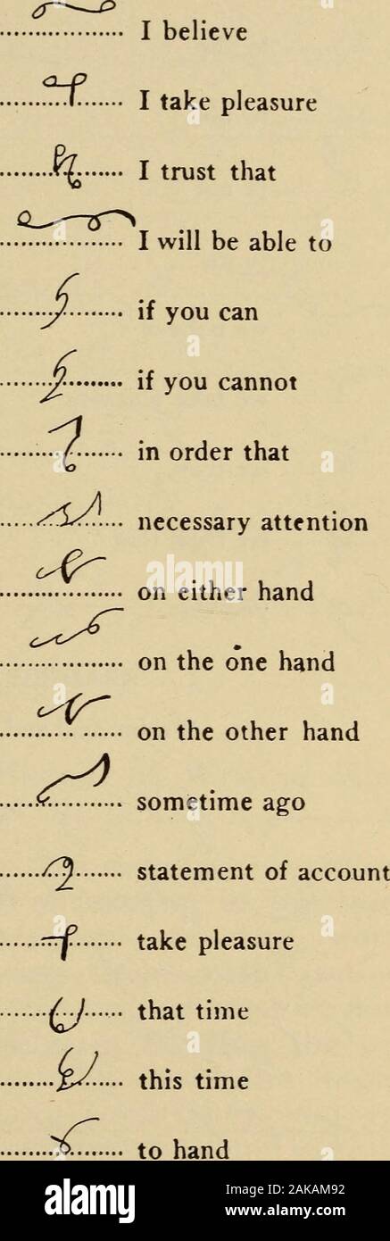 Day's standard shorthand; . of eachphrase, pronouncing the phrase at the time of writ-ing it. Write the signs slowly and carefully at .first,but increasing the movement of the fingers with therepetition of the sign. (a) The phrase and-so-fourth (etc.) is a joined toS, fourth being expressed by F. (b) Carefully note the phrases to-me and to-tny,both being-written upwards with more slant thanthe ordinary up-stroke. (c) In the phrase at once the circle vowel is writ-ten just belowT the line. (d) In a phrase time is generally written with thesyllable Tern. (e) The phrases to-the and to-a are simpl Stock Photo