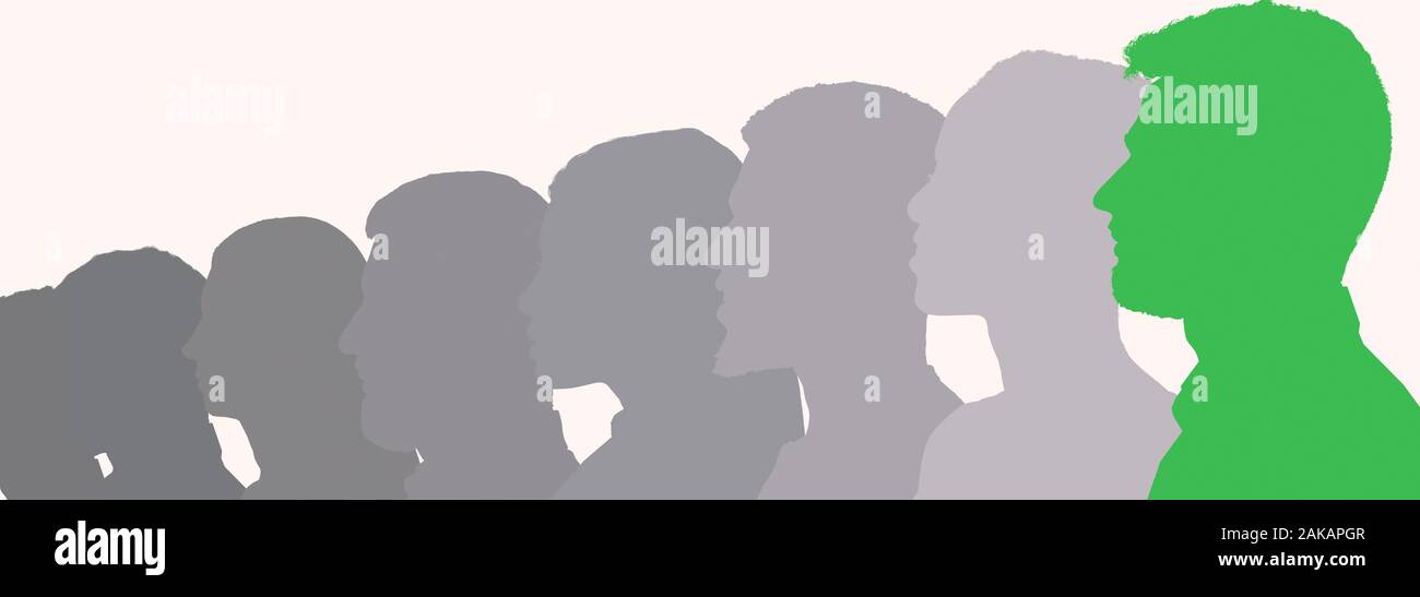 Leadership, creativity concept. Raw of grey profile human faces silhouettes lead by green one as symbol of creative leader, panorama Stock Photo