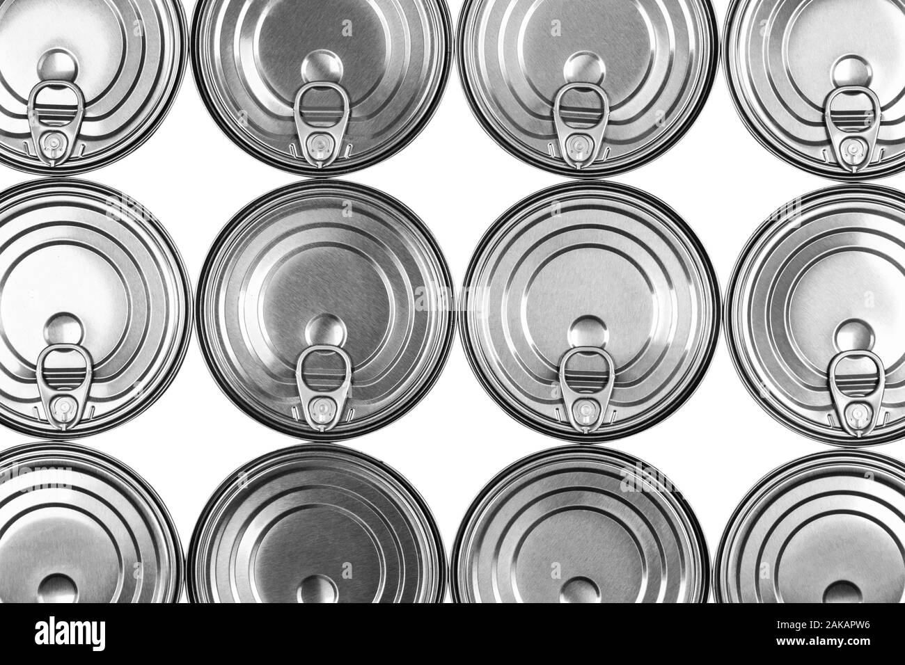 Close up photo of aluminium cans in a raw isolated on white background