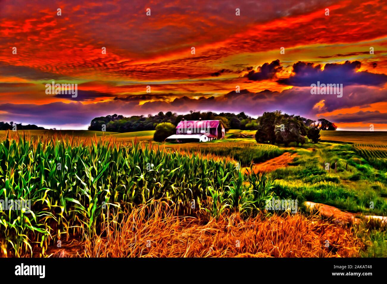 Digital oil painting scene of farm house barn corn fields and pasture. saturated, vibrant colors Stock Photo