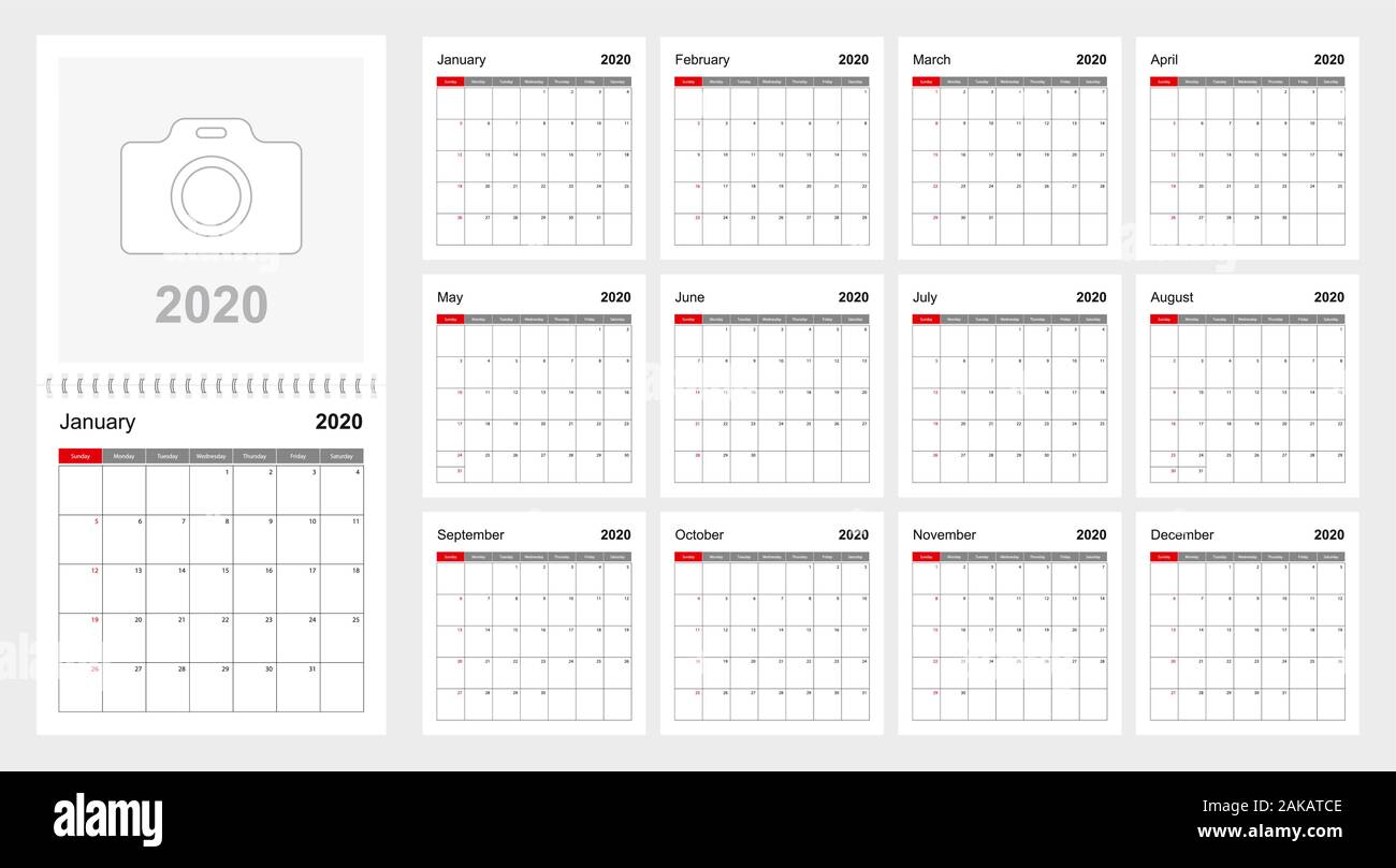 Wall calendar template for 2020 year. Holiday and event planner