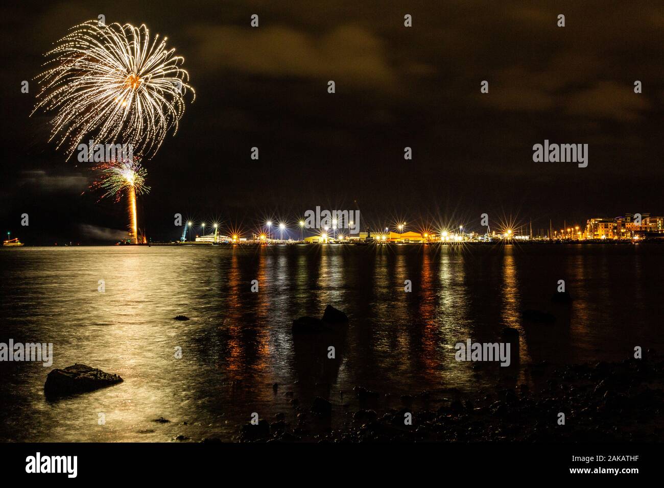 Colour night time photograph of public fireworks display, celebrating