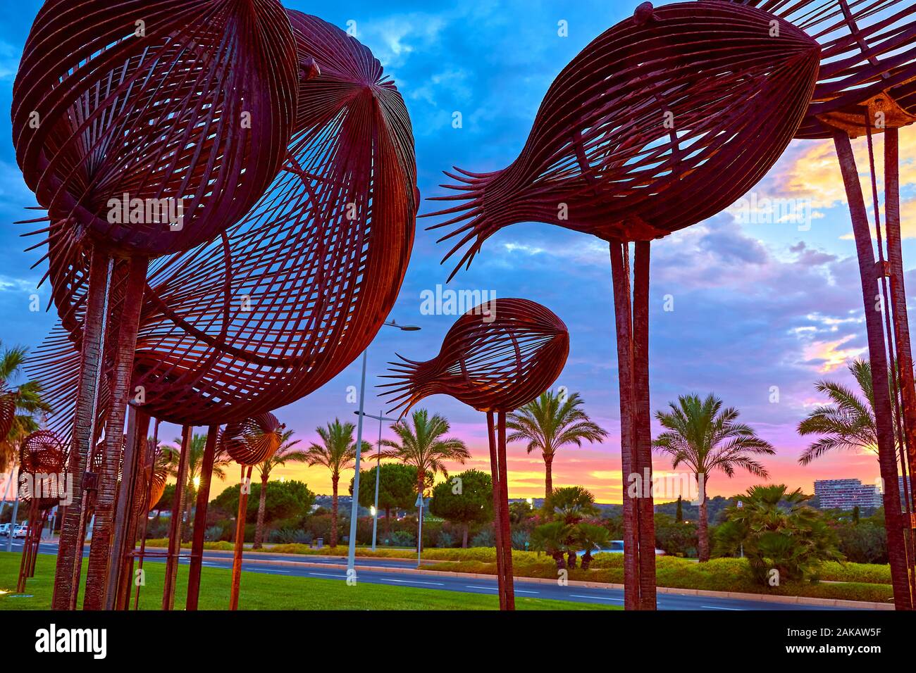 Iron fish sculptures at Gallets beach, near hippodrome in Cagnes sur mer, France Stock Photo
