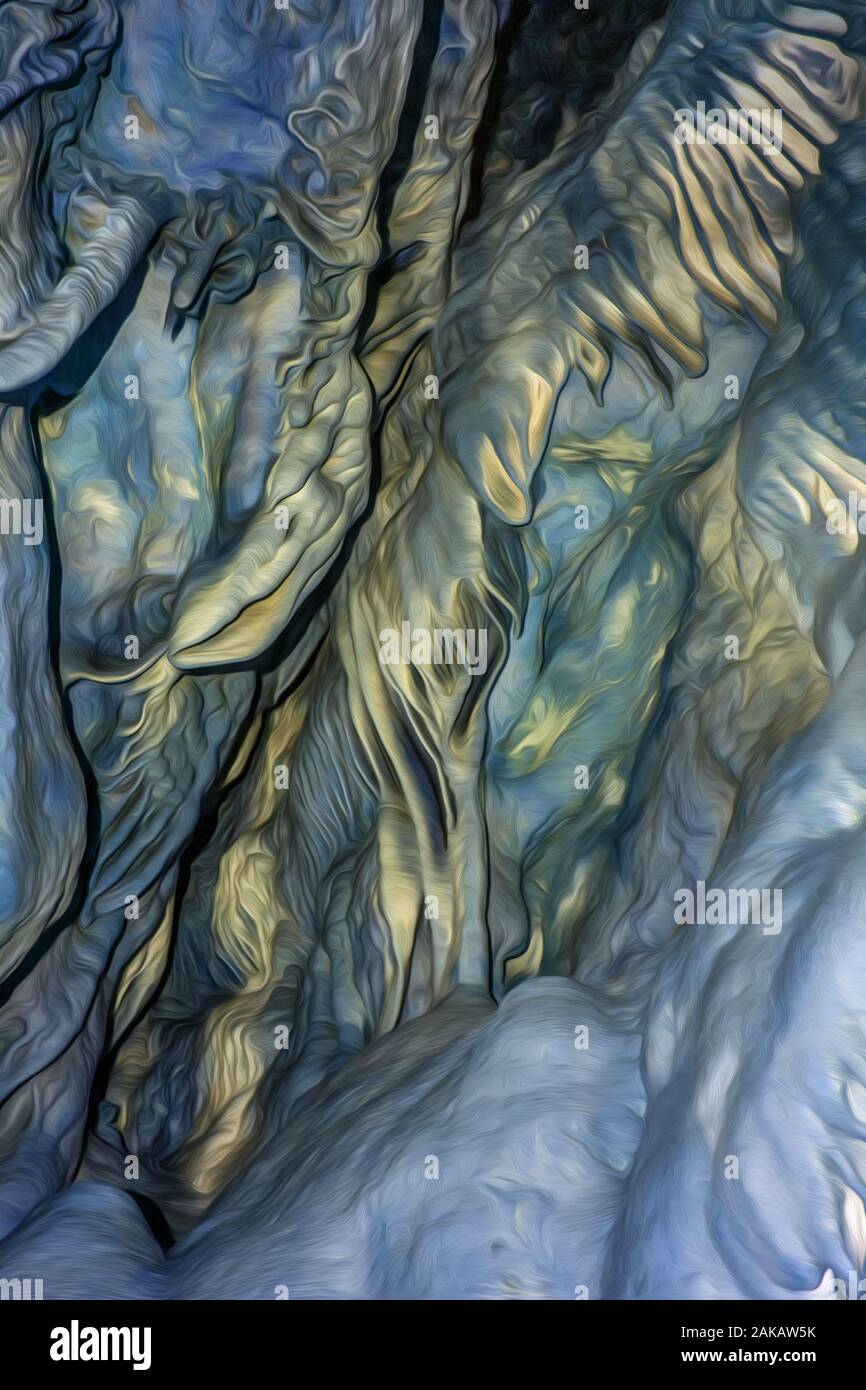 The natural texture of the cave with growths on the walls in digital processing in the style of the drawings of Giger. Smooth texture. Blue and yellow Stock Photo