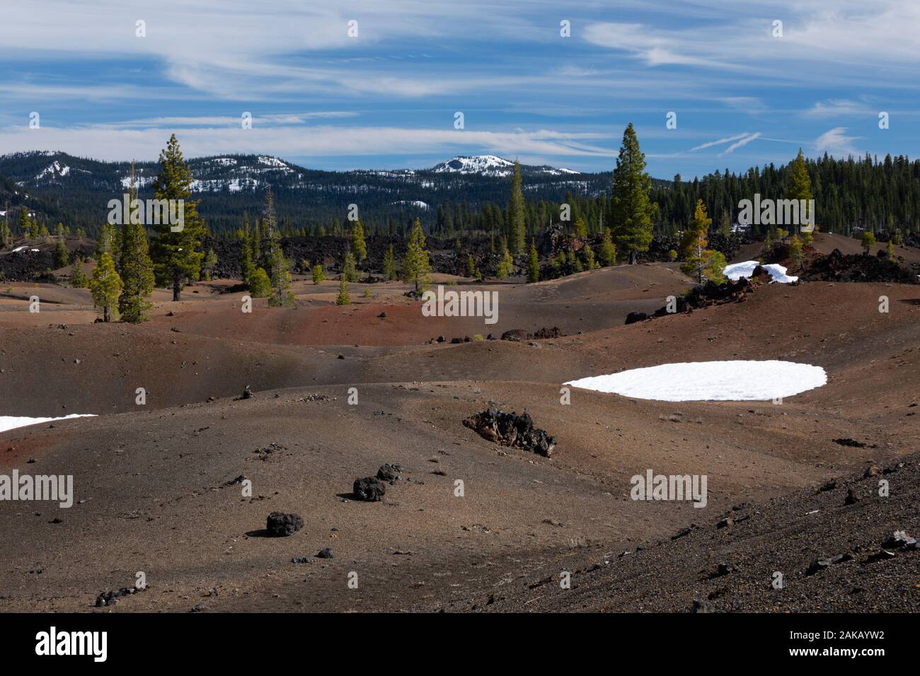 View of hilly terrain in winter, Lassen Volcanic National Park, California, USA Stock Photo