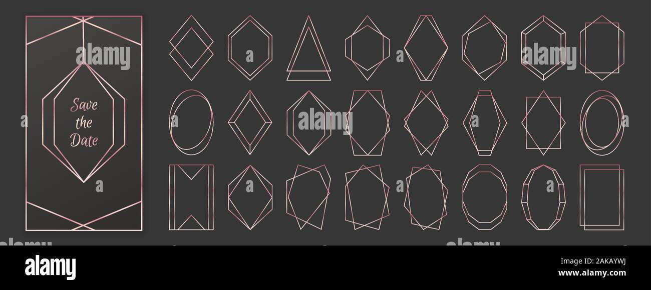 Rose gold polygonal frames collection isolated on dark grey background. Stock Vector