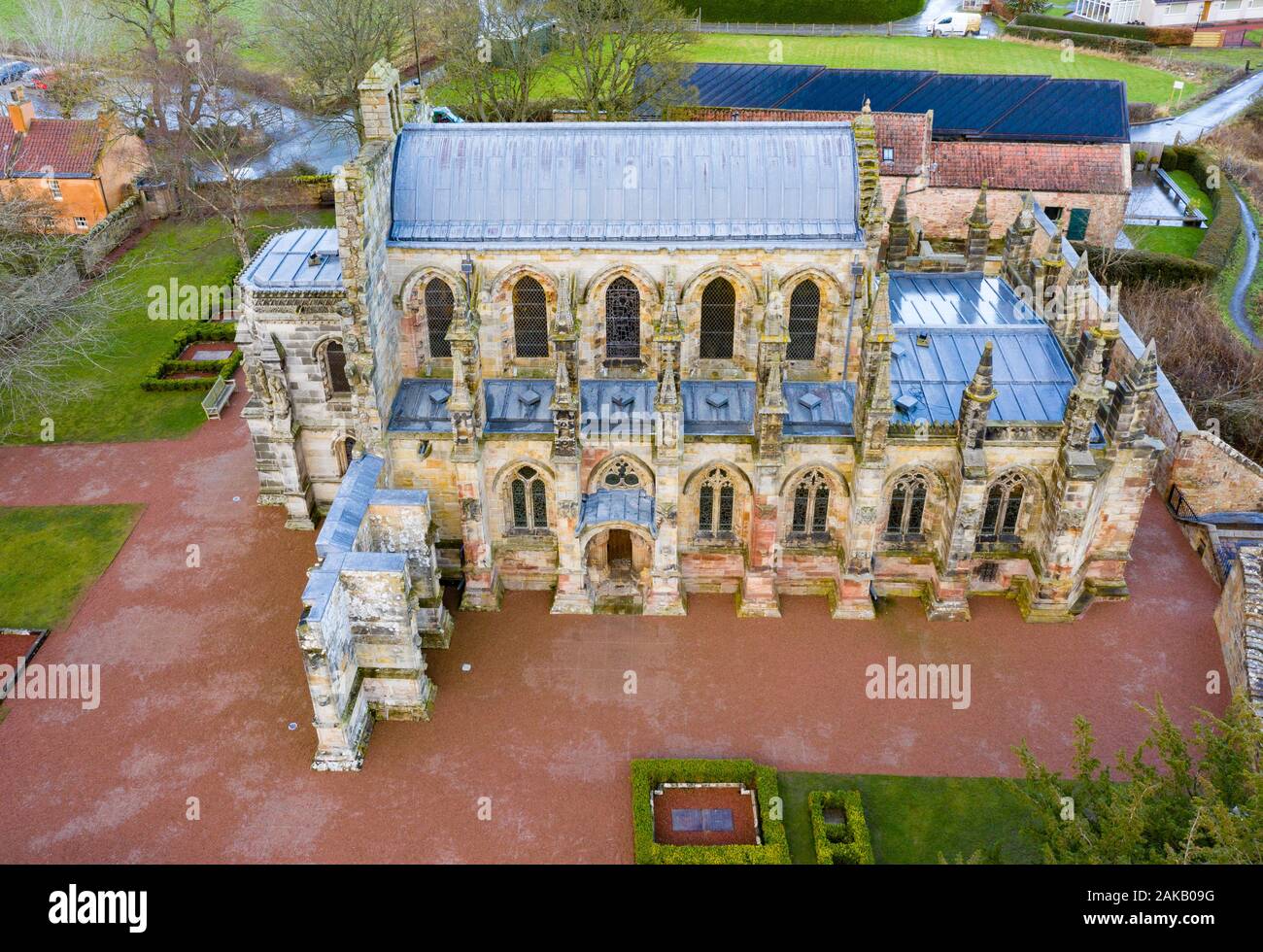 Aerial view of Rosslyn Chapel in Roslin village Midlothian, Scotland