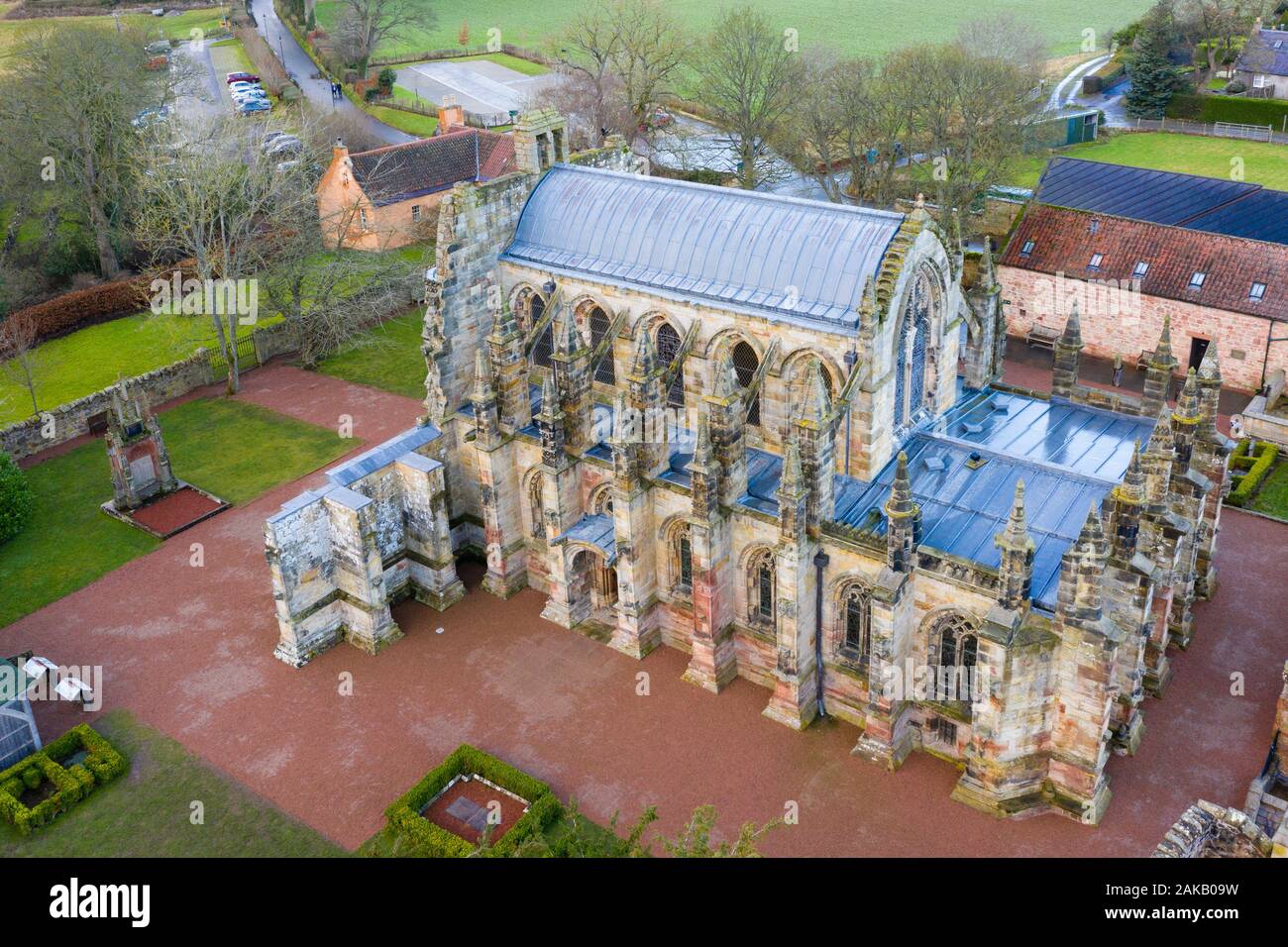 Aerial view of Rosslyn Chapel in Roslin village Midlothian, Scotland