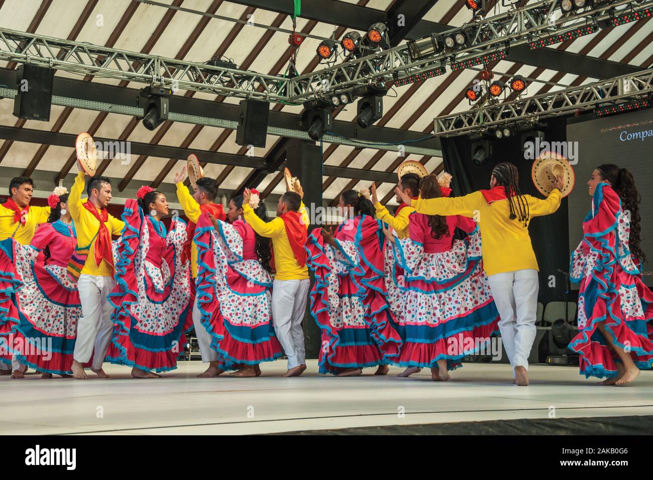 Colombian folk dancers performing a typical dance on Folkloric Festival of Nova Petropolis. A town founded by German immigrants in southern Brazil. Stock Photo