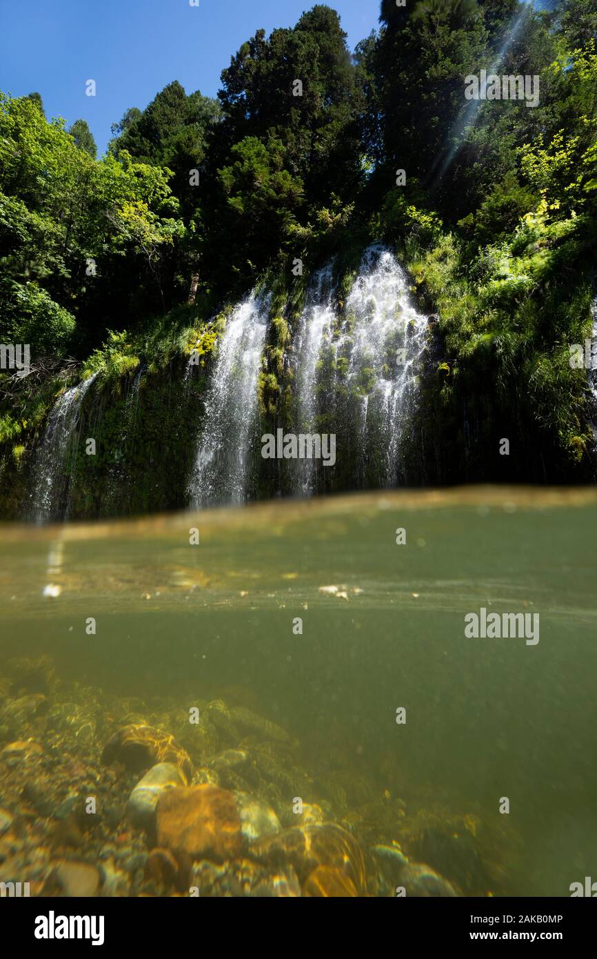 Mossbrae Falls flowing into green Sacramento River, Dunsmuir ...