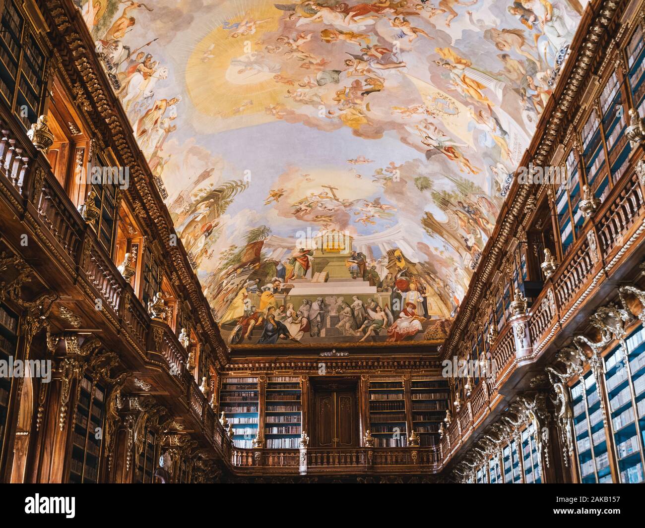 Prague, Czech Republic - June 8 2019: Interior of Strahov Monastery Library, Philosophical Hall, Ceiling Fresco  'Mankind’s Quest for True Wisdom' pai Stock Photo