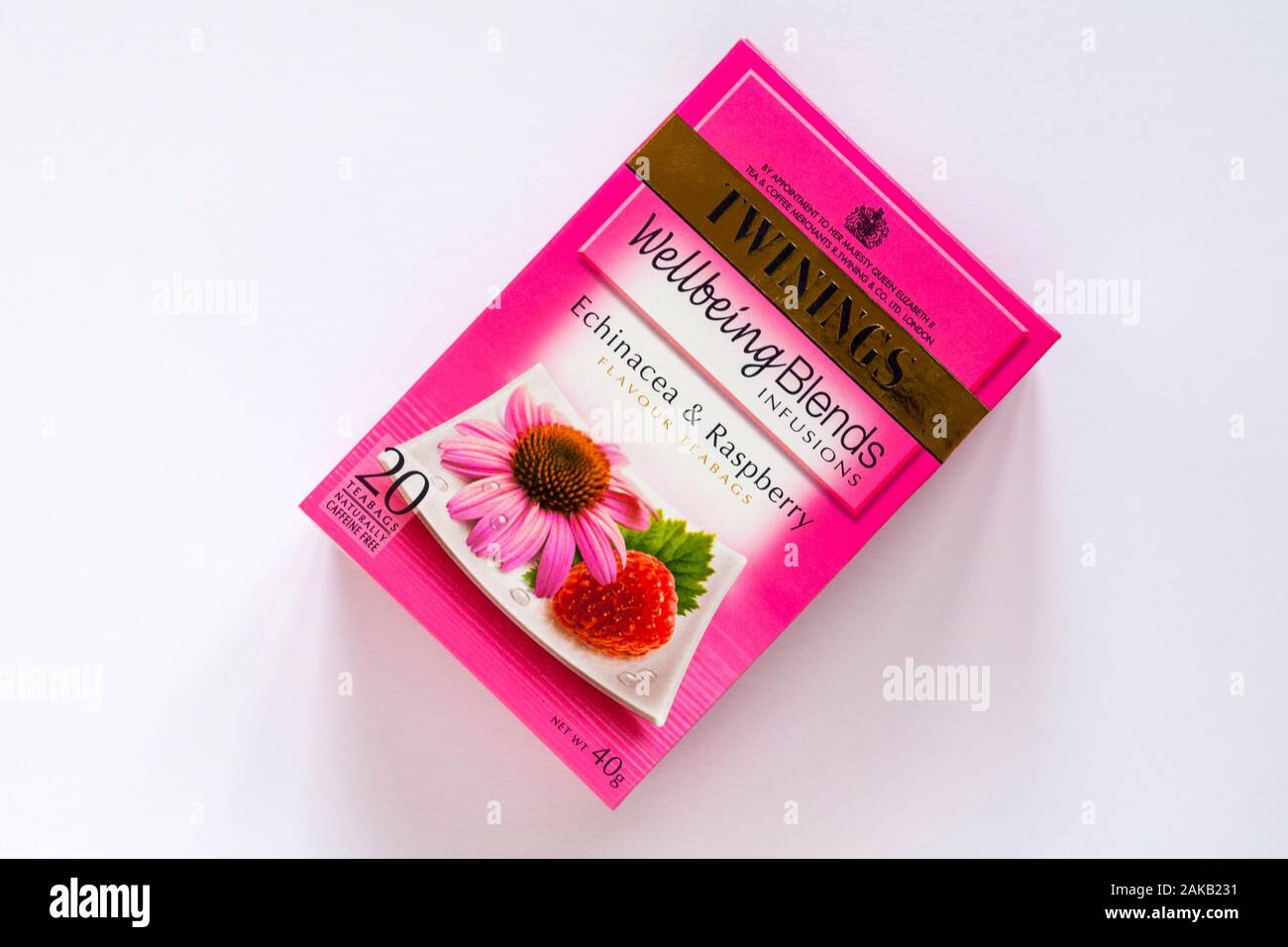 Twinings tea bags teabags - wellbeing blends infusions Echinacea & Raspberry flavour teabags isolated on white background Stock Photo