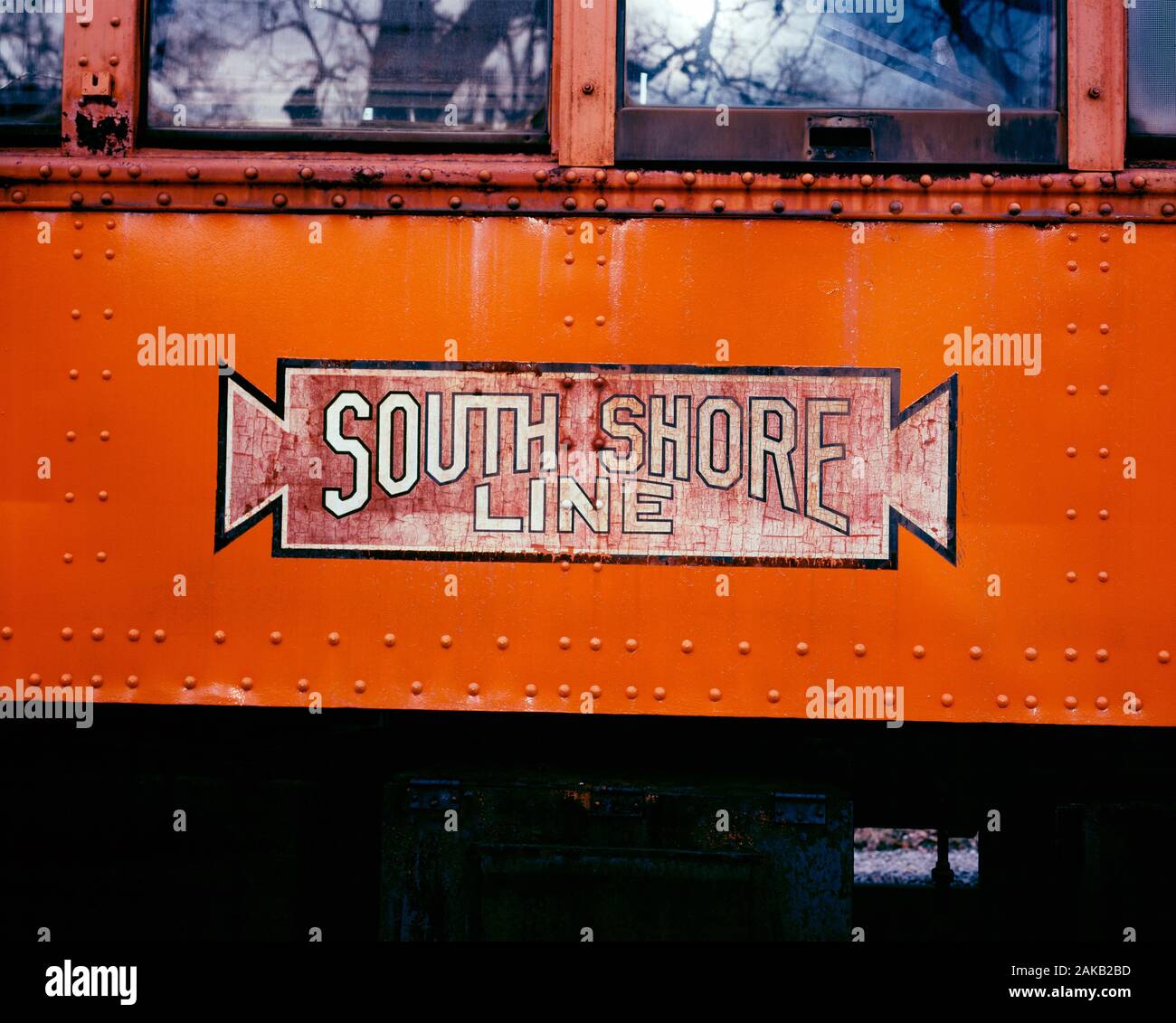 Close-up of weathered South Shore Line logo on exterior of train car Stock Photo