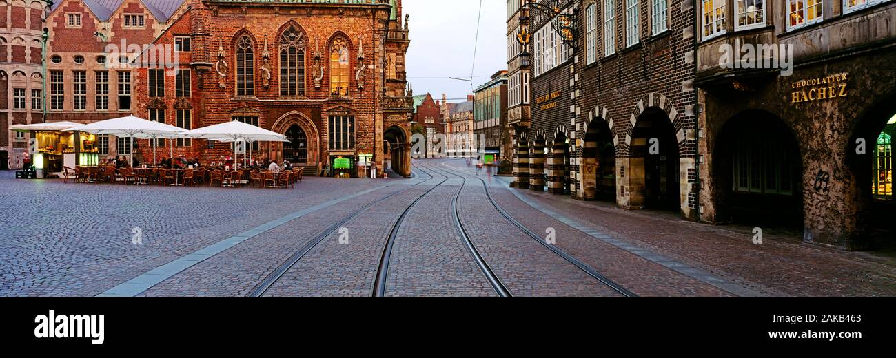 Cobblestone street and town square of old town of Bremen, Germany Stock Photo