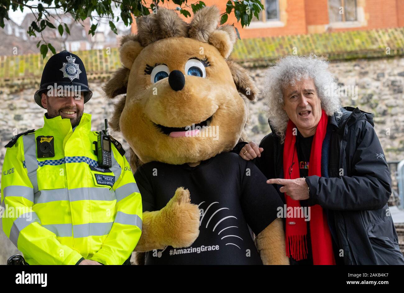 London UK 8th Jan. 2020 Dr Brian May and Tracy Crouch MP (Hedge Honcho)  outside the Houses of Parliament, London UK to publicise Project Amazing Grace to help save Britain's  declining hedgehog population.  Amazing Grace, is a collaboration between the Dr Brian May's Save Me Trust, Harper Asprey Wildlife Rescue and the British Hedgehog Preservation Society, is fighting the declining population of hedgehogs in the UK Pictured Dr Brian May (left) Credit Ian DavidsonAlamy Live News Stock Photo