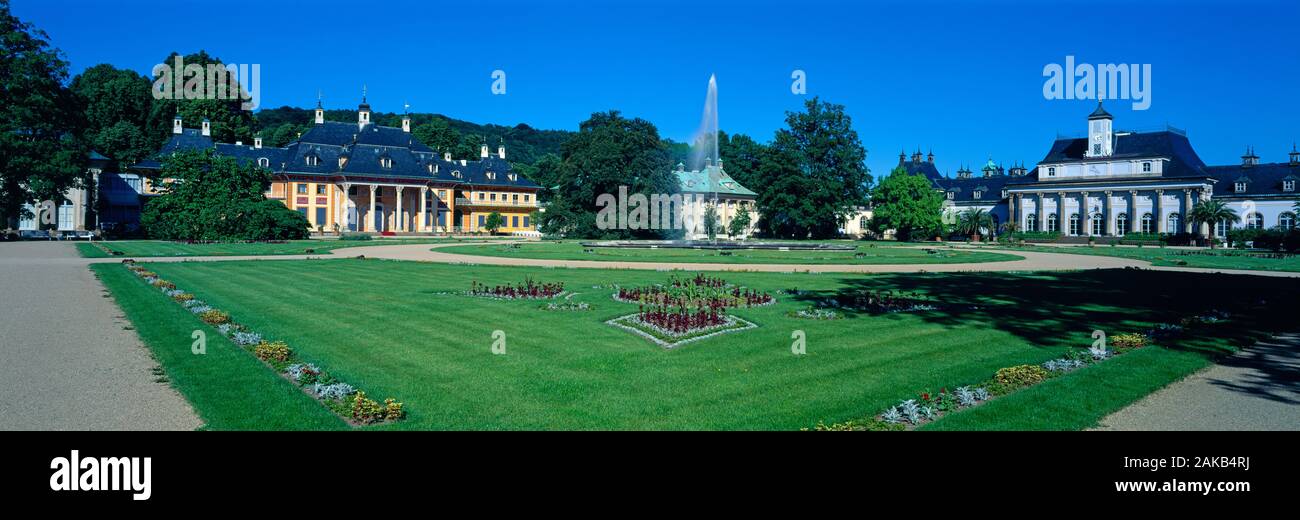 Pillnitz Castle with formal garden and fountain, Dresden, Saxony, Germany Stock Photo