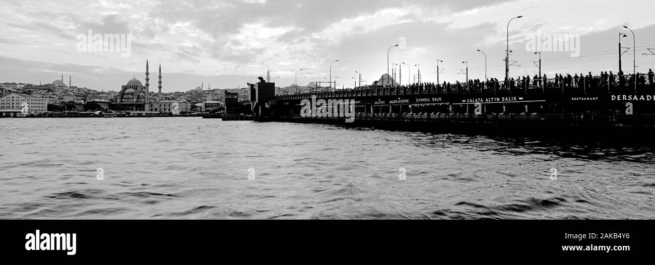 Black and white view of Galata Bridge and Eminonu District, Istanbul, Turkey Stock Photo