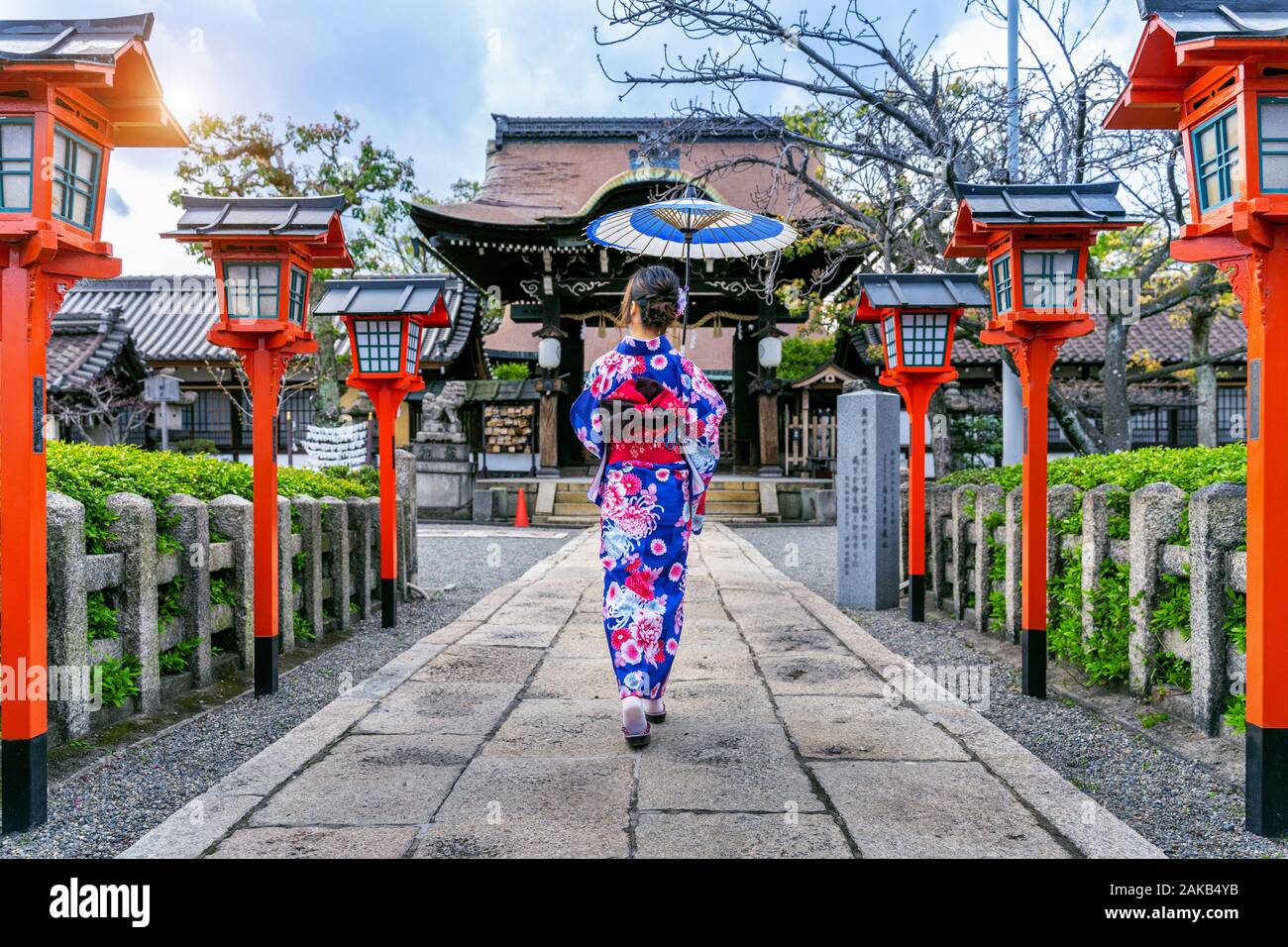Asian woman wearing japanese traditional kimono at Kyoto temple in Japan. Stock Photo