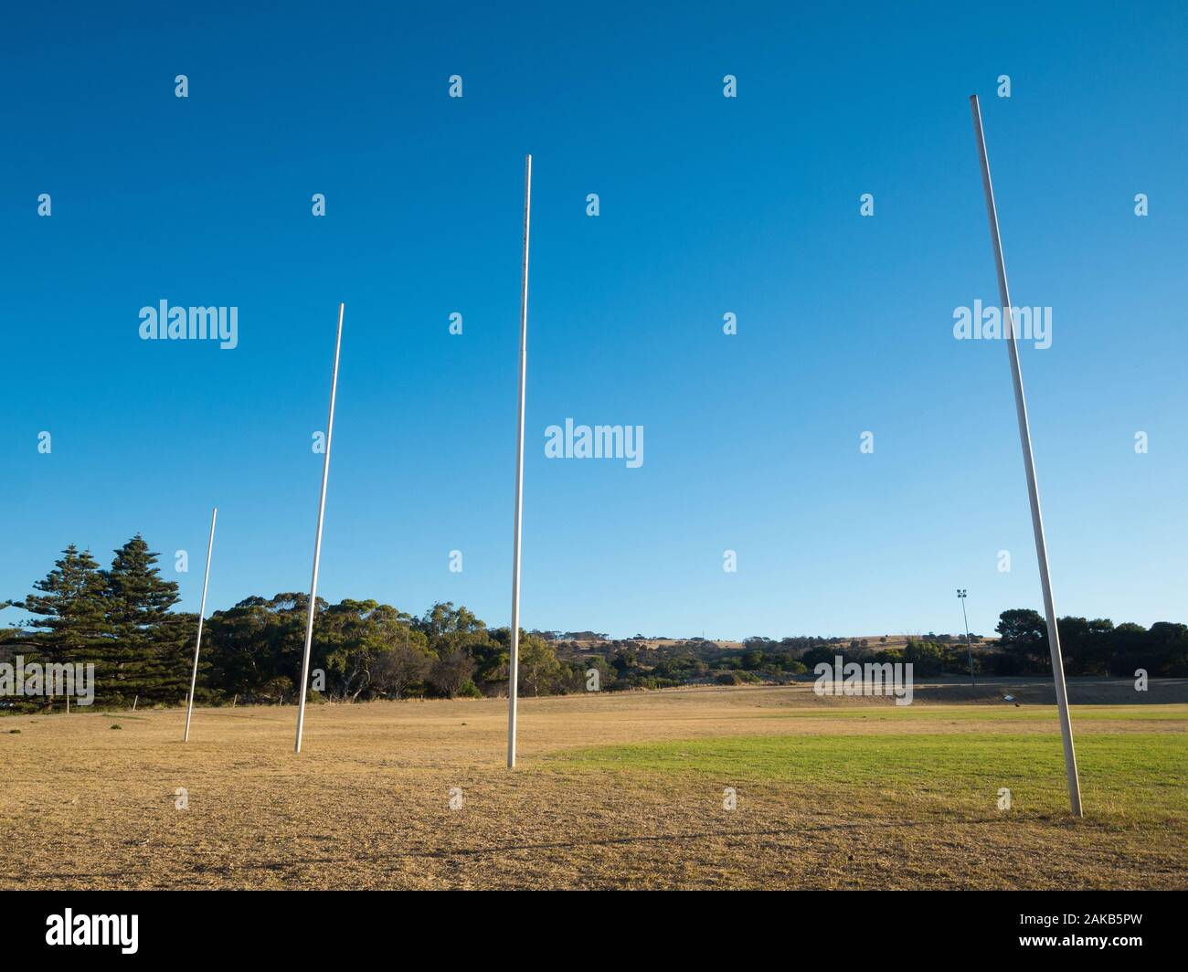 View of goal posts at the Penneshaw oval during summer on Kangaroo Island, South Australia, Australia. Stock Photo