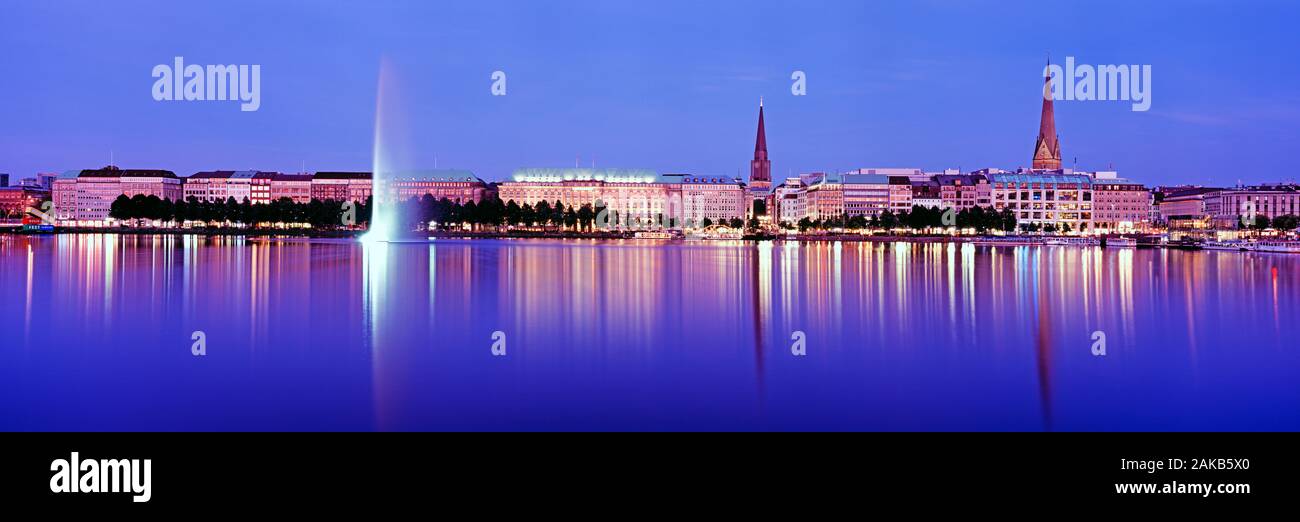 Inner Alster Lake and old town of Hamburg at night, Germany Stock Photo
