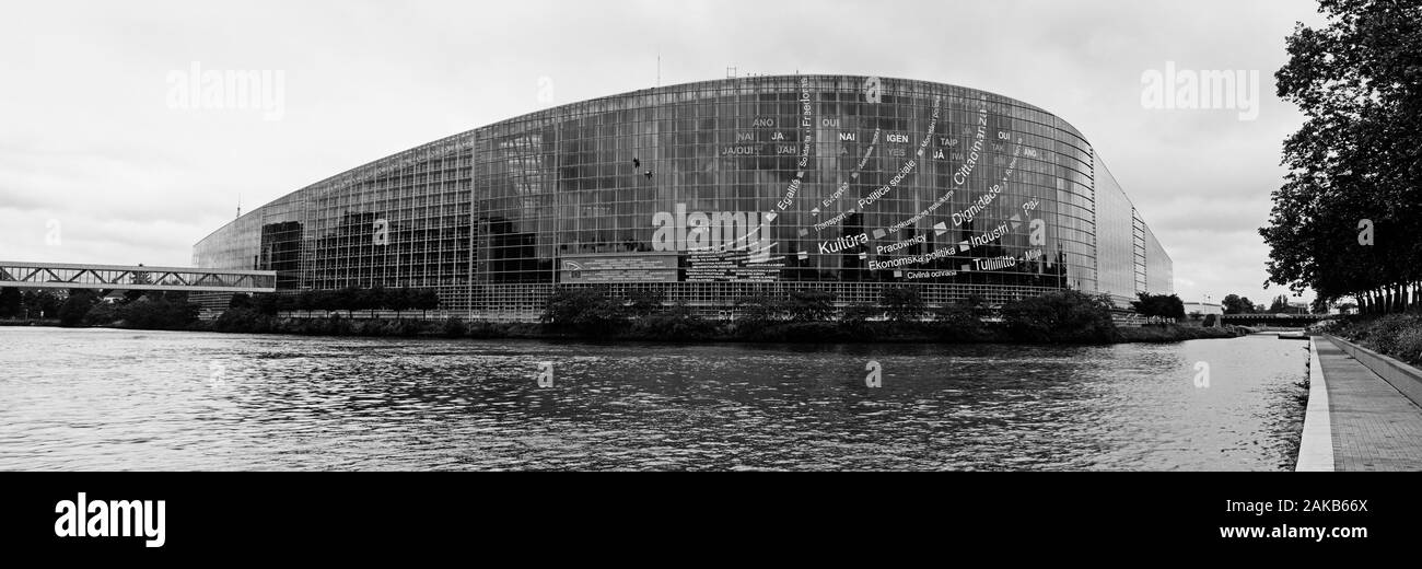 Black and white exterior of European Parliament, Strasbourg, Bas-Rhin, France Stock Photo