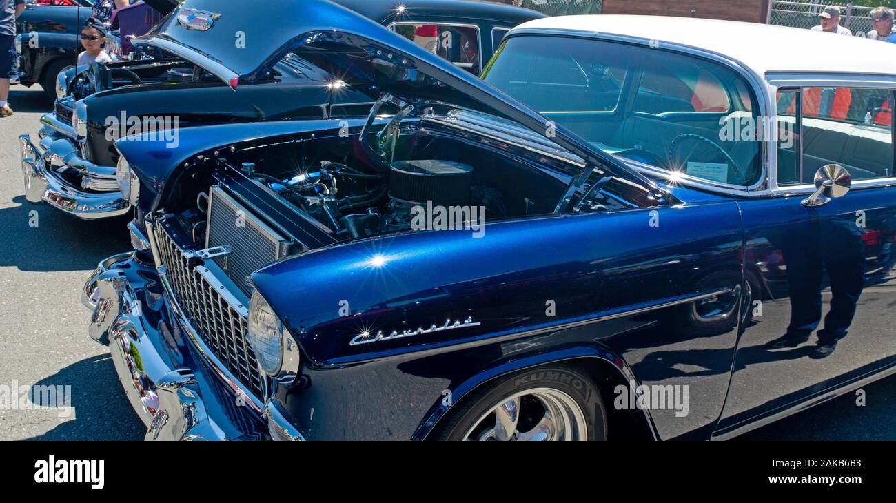 1955 Chevrolet with open hood at Custom Car Show at Pinole, California, USA Stock Photo