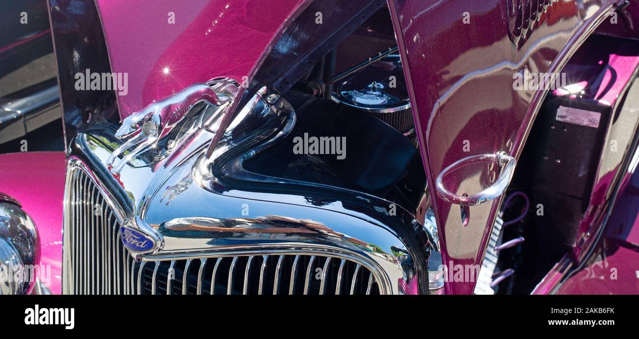 1940s Ford Coupe hood close-up at Custom Car Show at Pinole, California, USA Stock Photo
