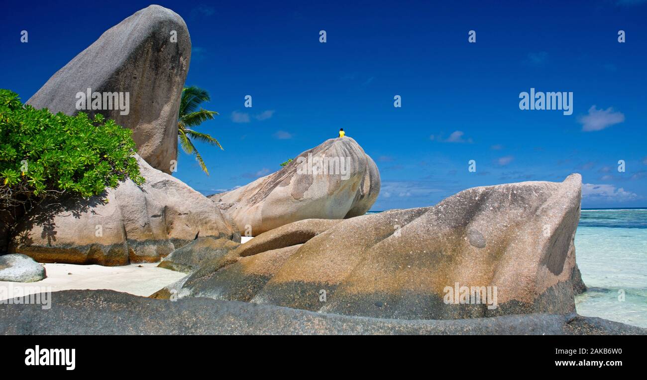Boulder on beach at Anse Source dArgent, La Digue, Seychelles Stock Photo