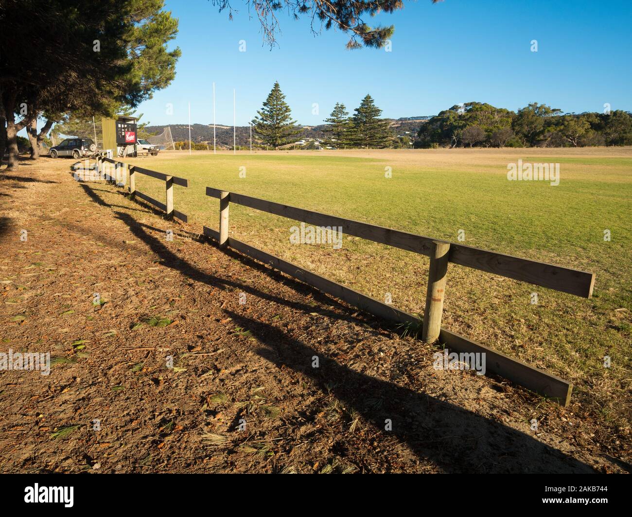 View of the Penneshaw oval on a sunny day on Kangaroo Island in South Australia, Australia. Stock Photo