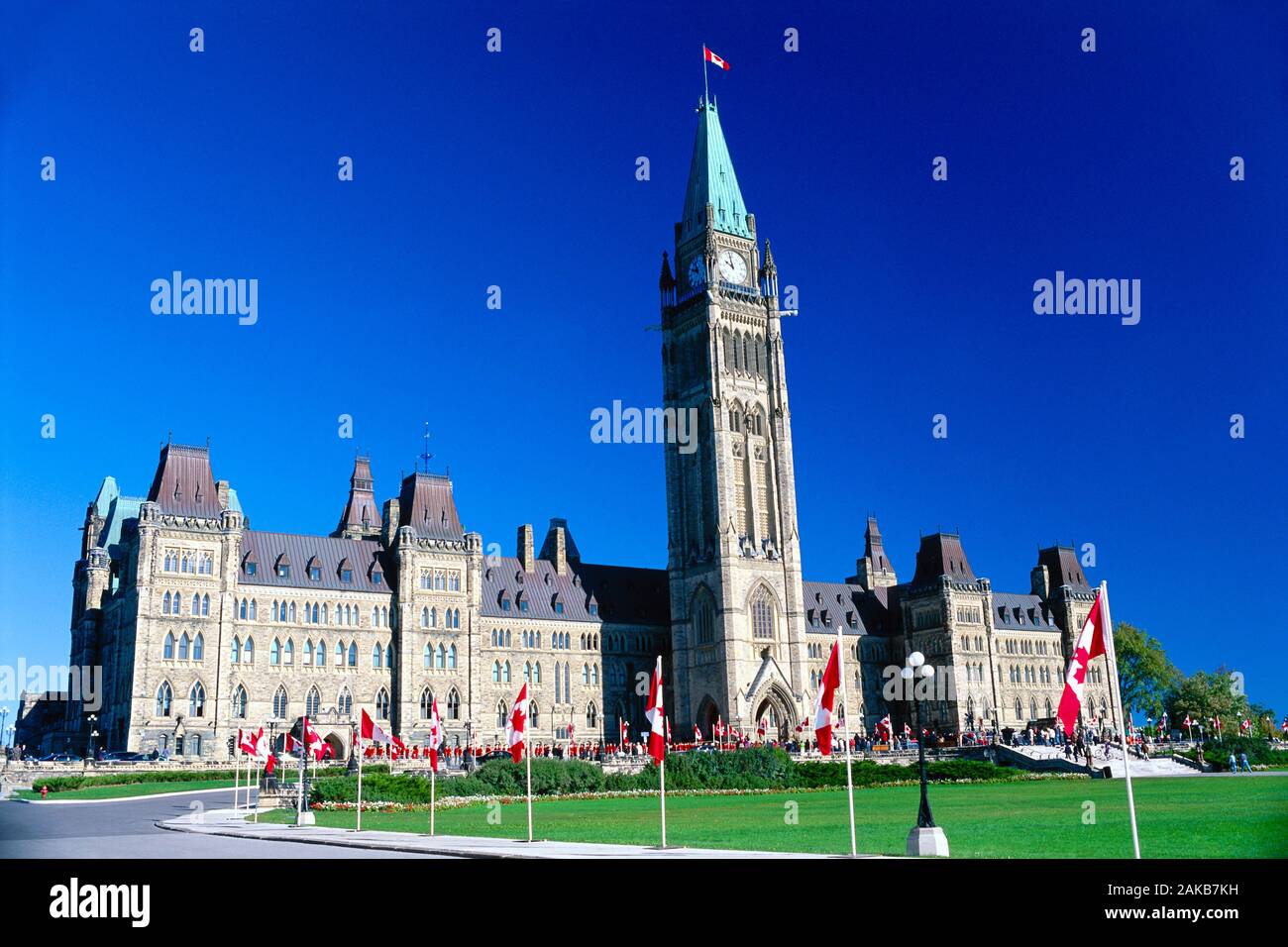 Canadian Parliament building exterior under clear sky, Ottawa, Ontario, Canada Stock Photo
