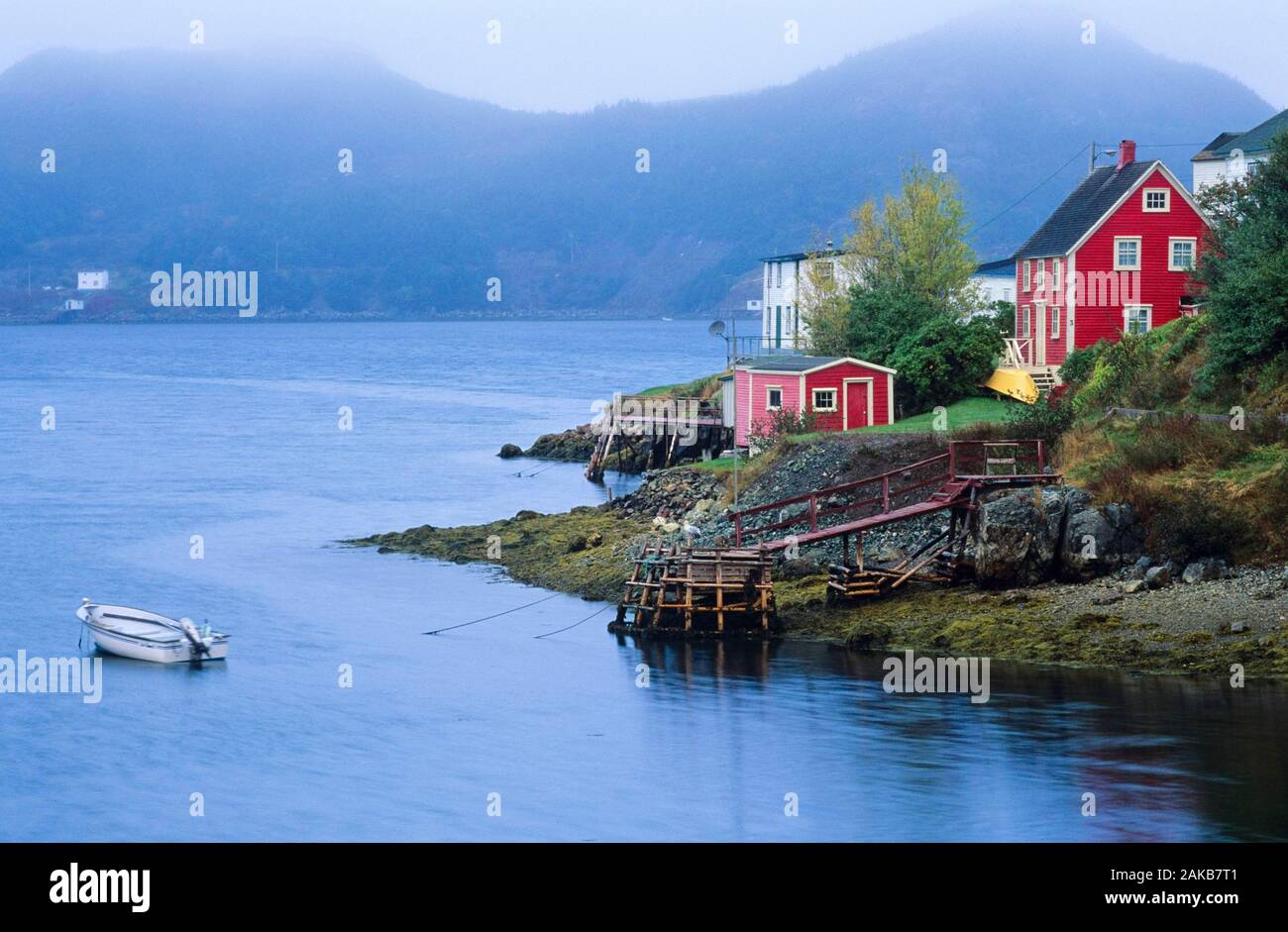 Red houses in coastal town, Burin Peninsula, Newfoundland, Canada Stock Photo