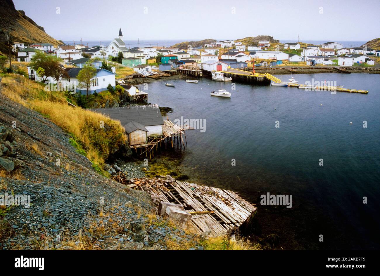Coastal village with houses, Harbour Mille, Newfoundland, Canada Stock