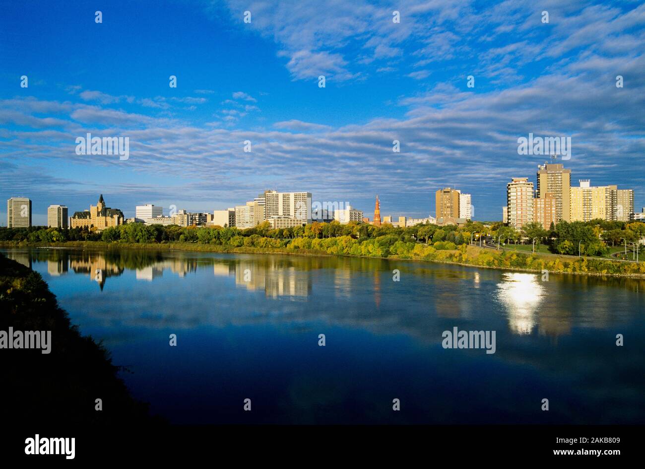 Cityscape with river, Saskatoon, Saskatchewan, Canada Stock Photo