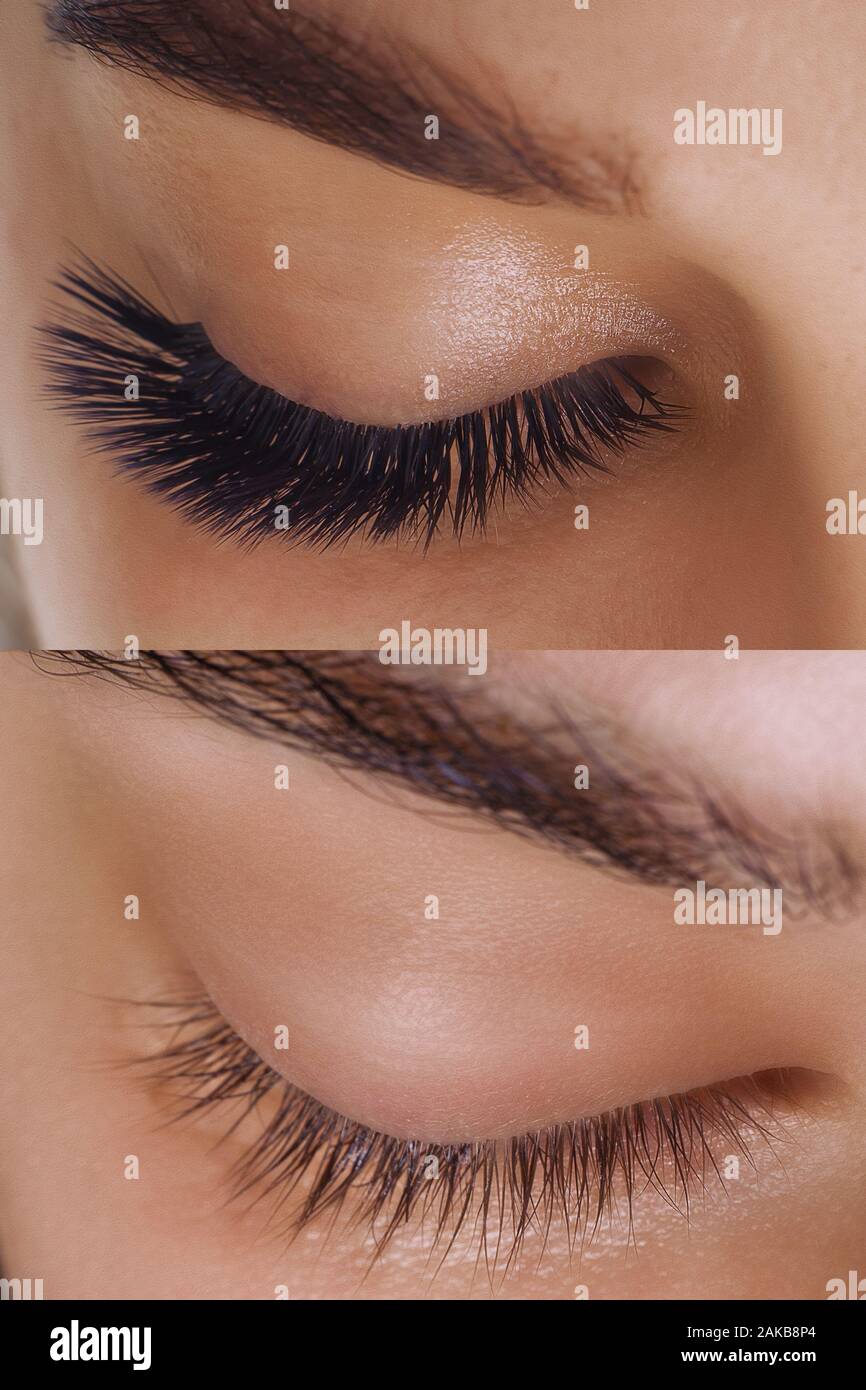 Eyelash Extension. Comparison of female eyes before and after Stock