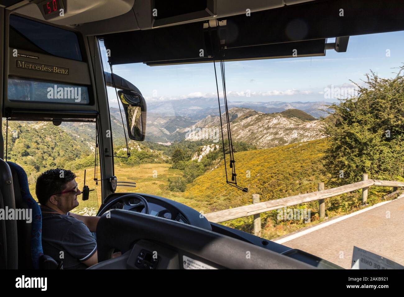 Cangas de Onis, Spain. Inside one of the ALSA buses transporting tourists to the Lakes of Covadonga during the crowded summer season Stock Photo