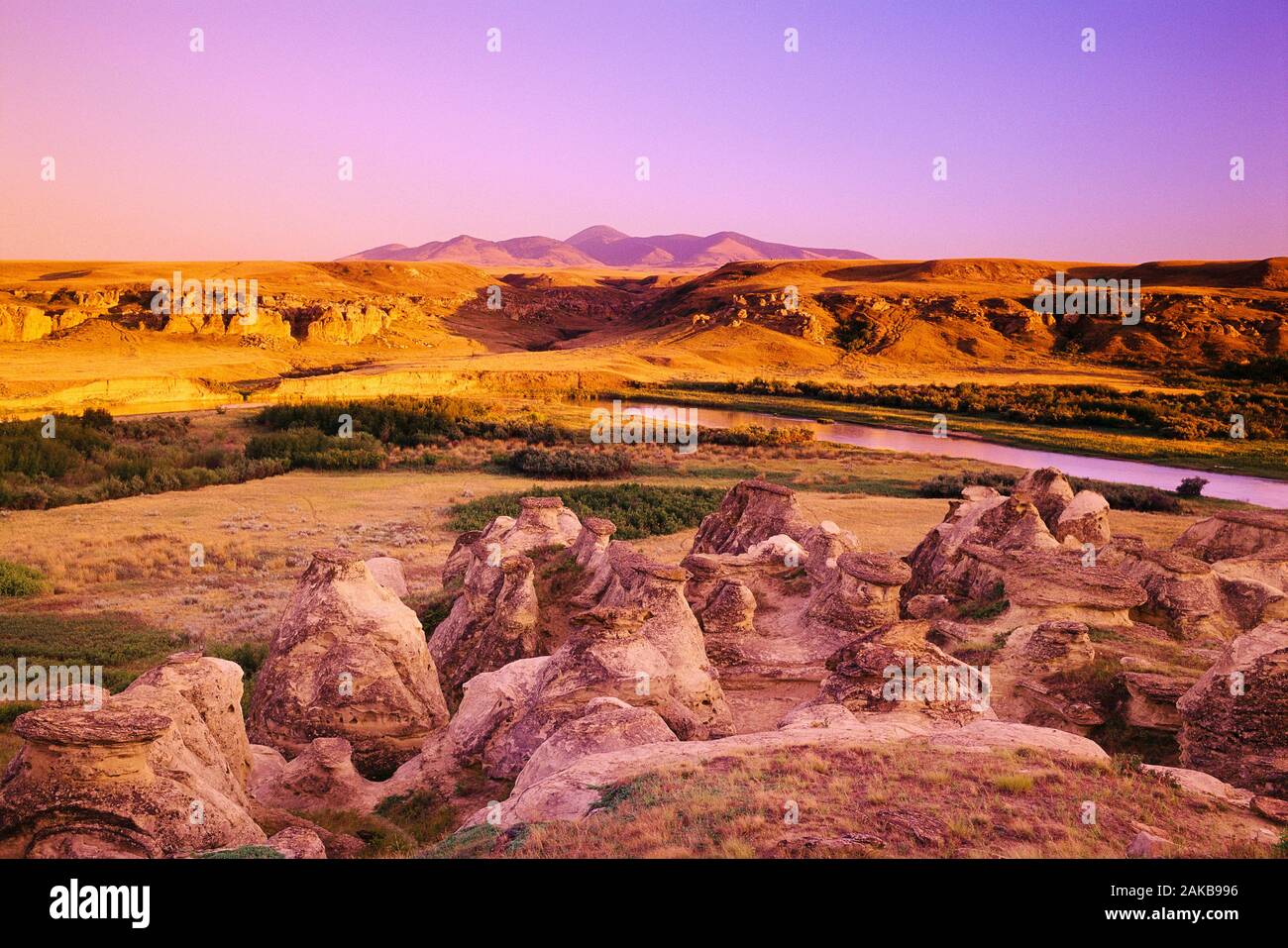 Landscape with river and rock formations, Writing On Stone Provincial Park, Alberta, Canada Stock Photo