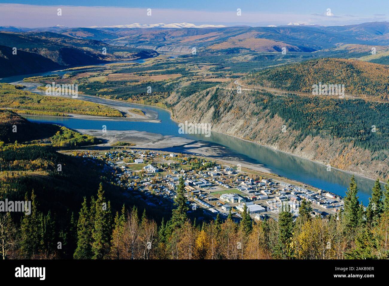 Overview of Dawson City and the Yukon River, Yukon Territory, Canada Stock Photo