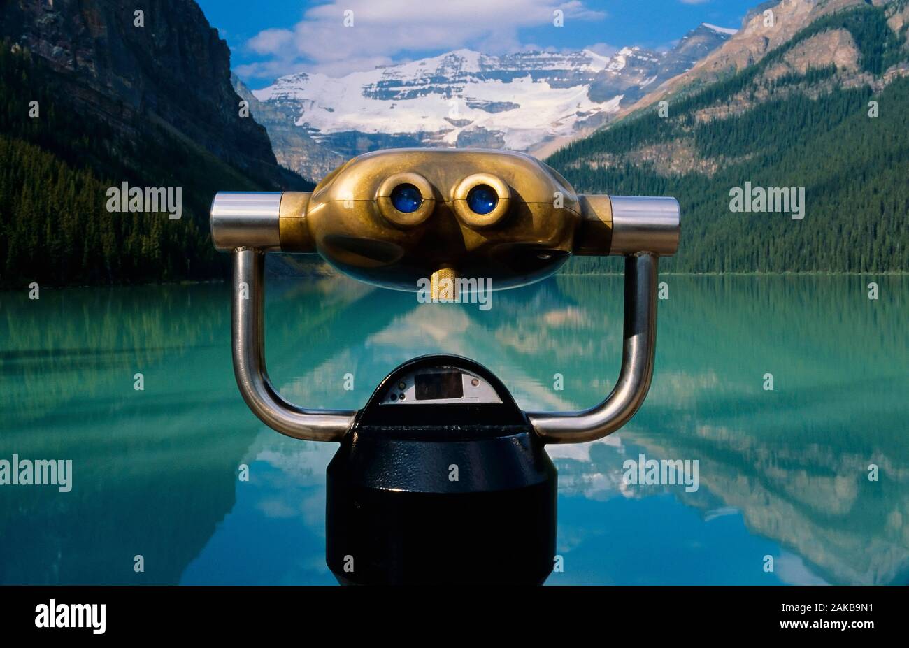 Coin-operated binoculars on shore of Lake Louise, Banff National Park, Alberta, Canada Stock Photo