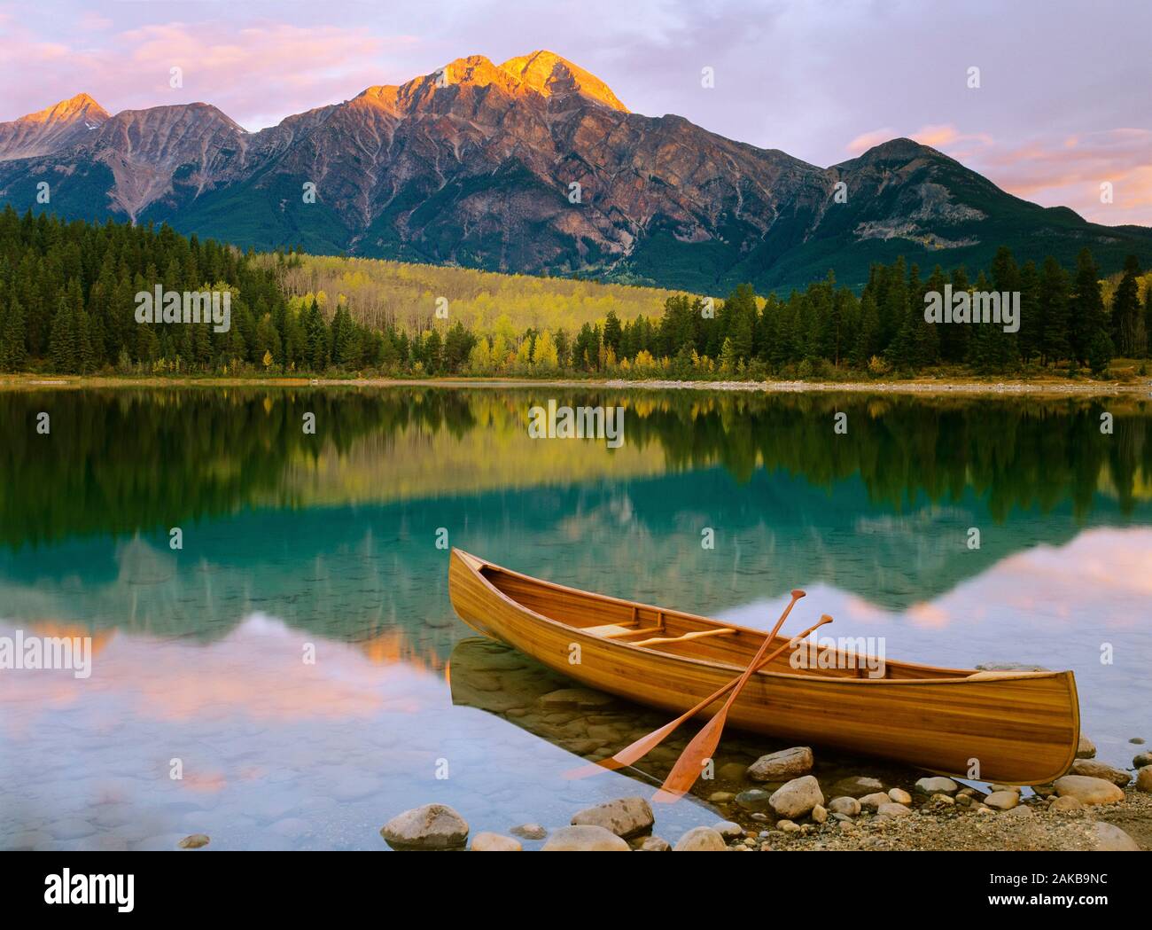 Canoe on shore of Patricia Lake, Jasper National Park, Alberta, Canada