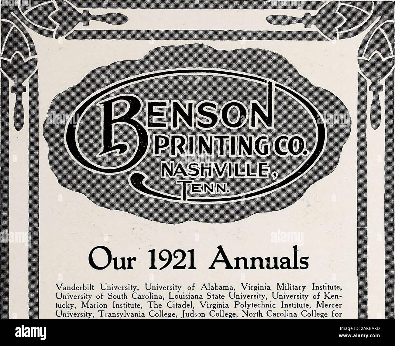 Arrow [Woman's College of Due West Yearbook] . Our 1921 Annuals Vanderbilt University, University of Alabama, Virginia Military Institute,University of South Carolina, Louisiana State University, University of Ken-tucky, Marion Institute, The Citadel, Virginia Polytechnic Institute, MercerUniversity, Transylvania College, Judson College, North Carolina College forWomen, Wesleyan College, Gulfport Military Academy, Furman University,Sewanee Military Academy, Tennessee College, Greensboro College forWomen, Converse College, Birmingham-Southern College, Kentucky Collegefor Women, Meridian College Stock Photo