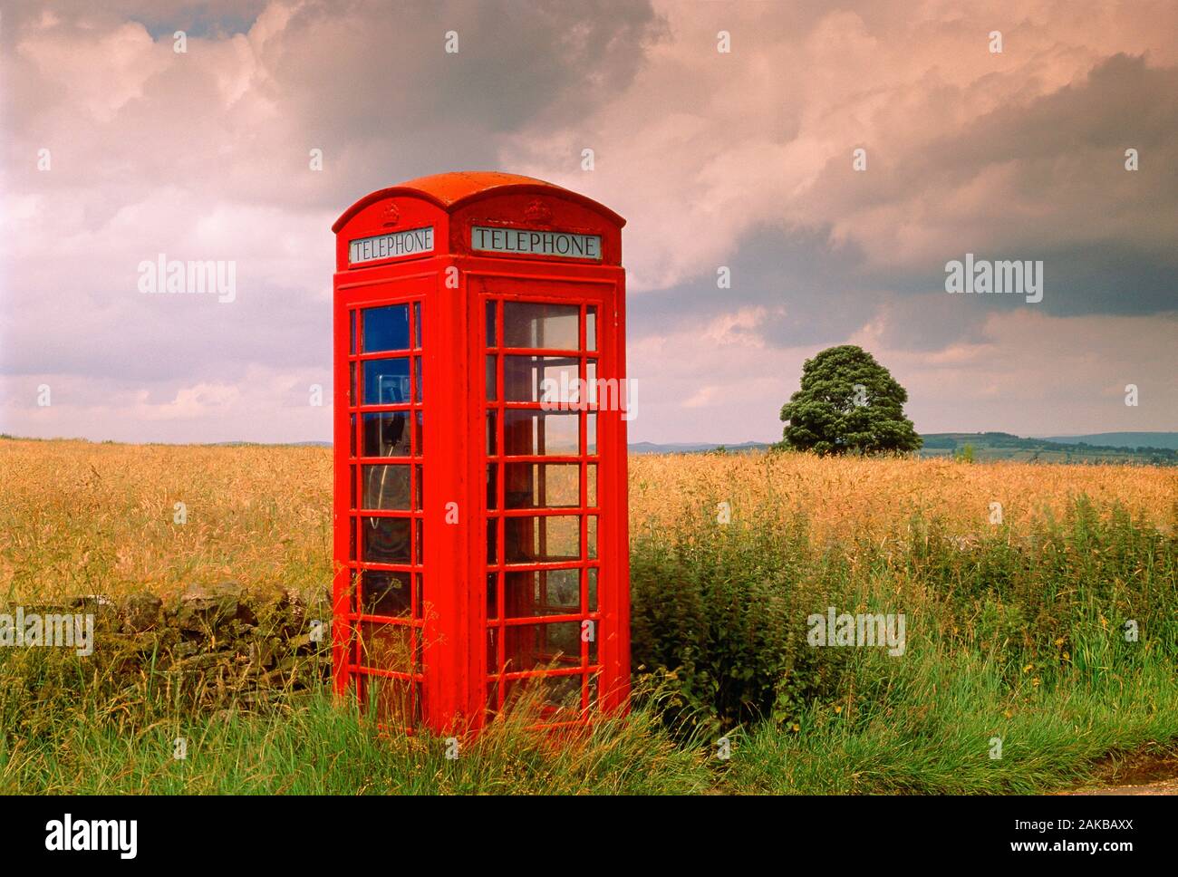 Red telephone booth in field, Derbyshire, England, UK Stock Photo