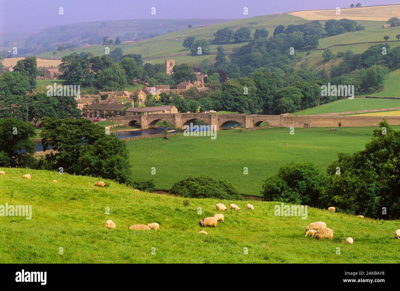 Rural landscape with grazing sheep, village and bridge, Burnsall, Yorkshire Dales National Park, England, UK Stock Photo