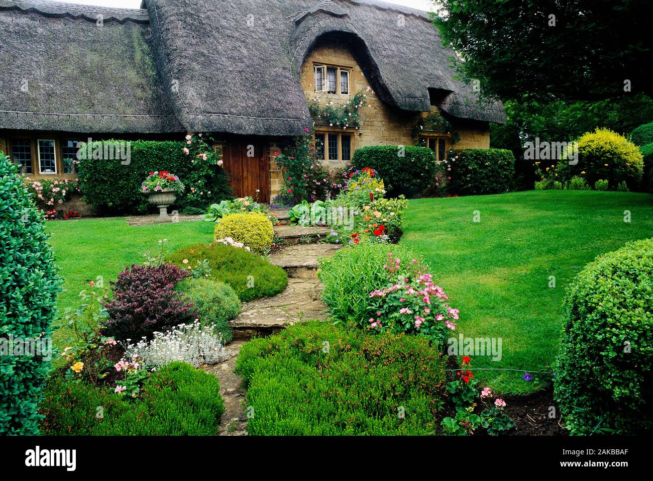 Thatched roof cottage with flowers in garden, Cotswolds, England, UK Stock Photo
