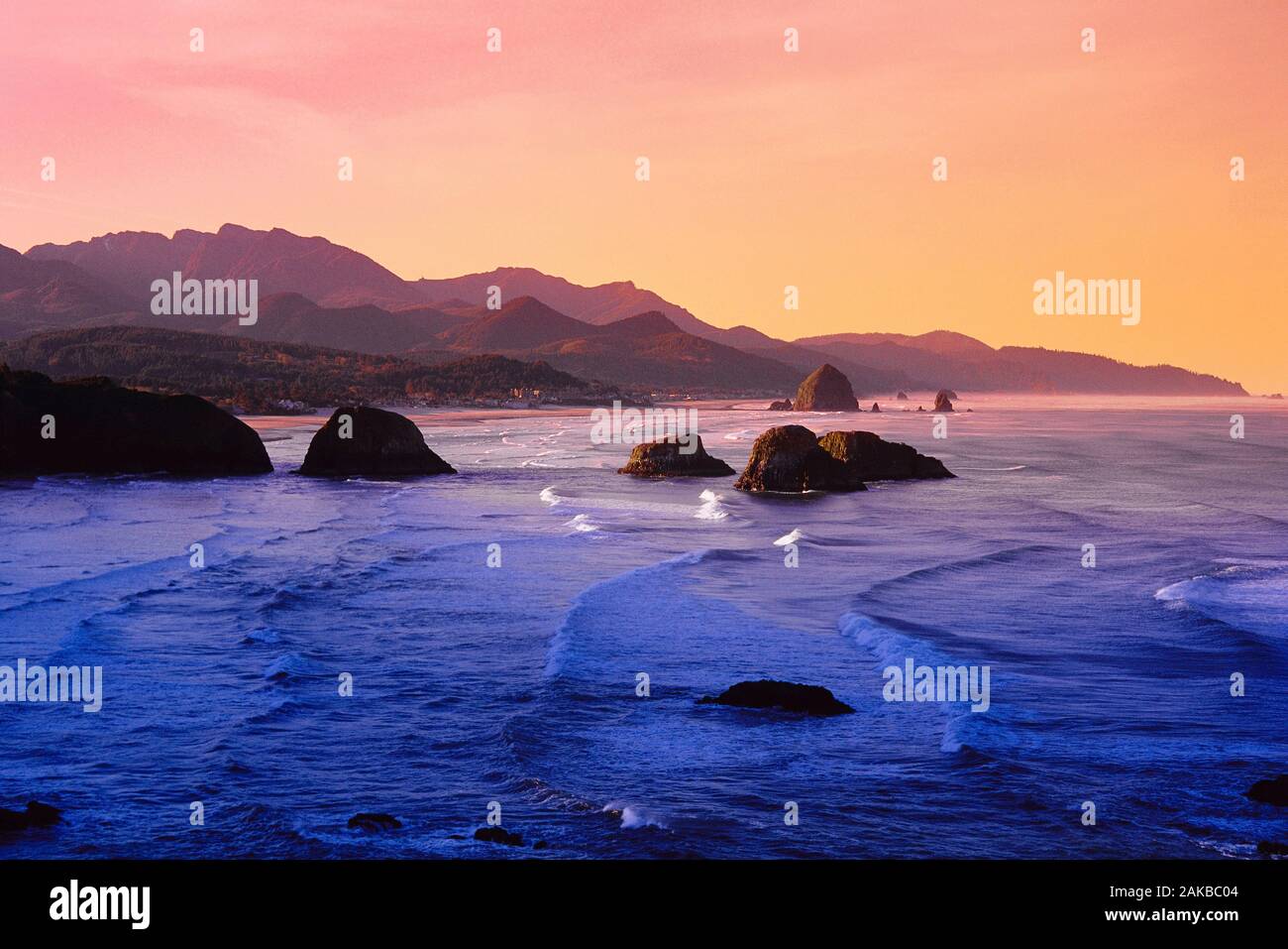 Aerial view of rock formation in sea at sunset, Cannon Beach, Oregon, USA Stock Photo