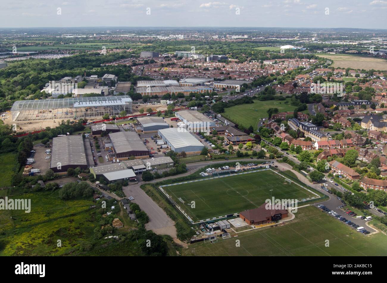 Aerial view of the CB Hounslow Sports Club and Heathrow International Trading Estate in West London on a sunny summer day. Stock Photo