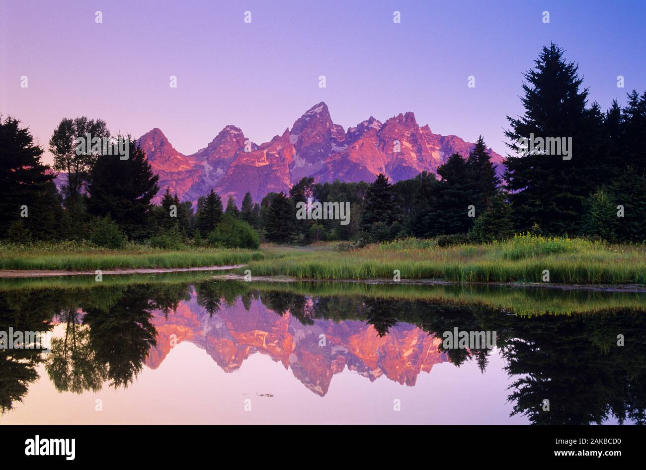 Landscape with lake, trees and mountains under clear sky at sunset, Grand Teton National Park, Wyoming, USA Stock Photo