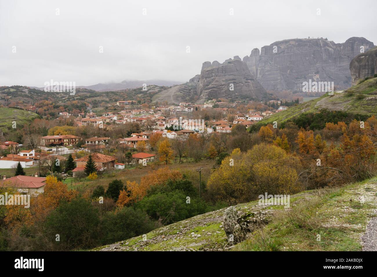 Meteora, Greece - Dec 19, 2019: View of Trikala city in the 'shadow' of the rocks of Meteora. Trikala, Greece Stock Photo