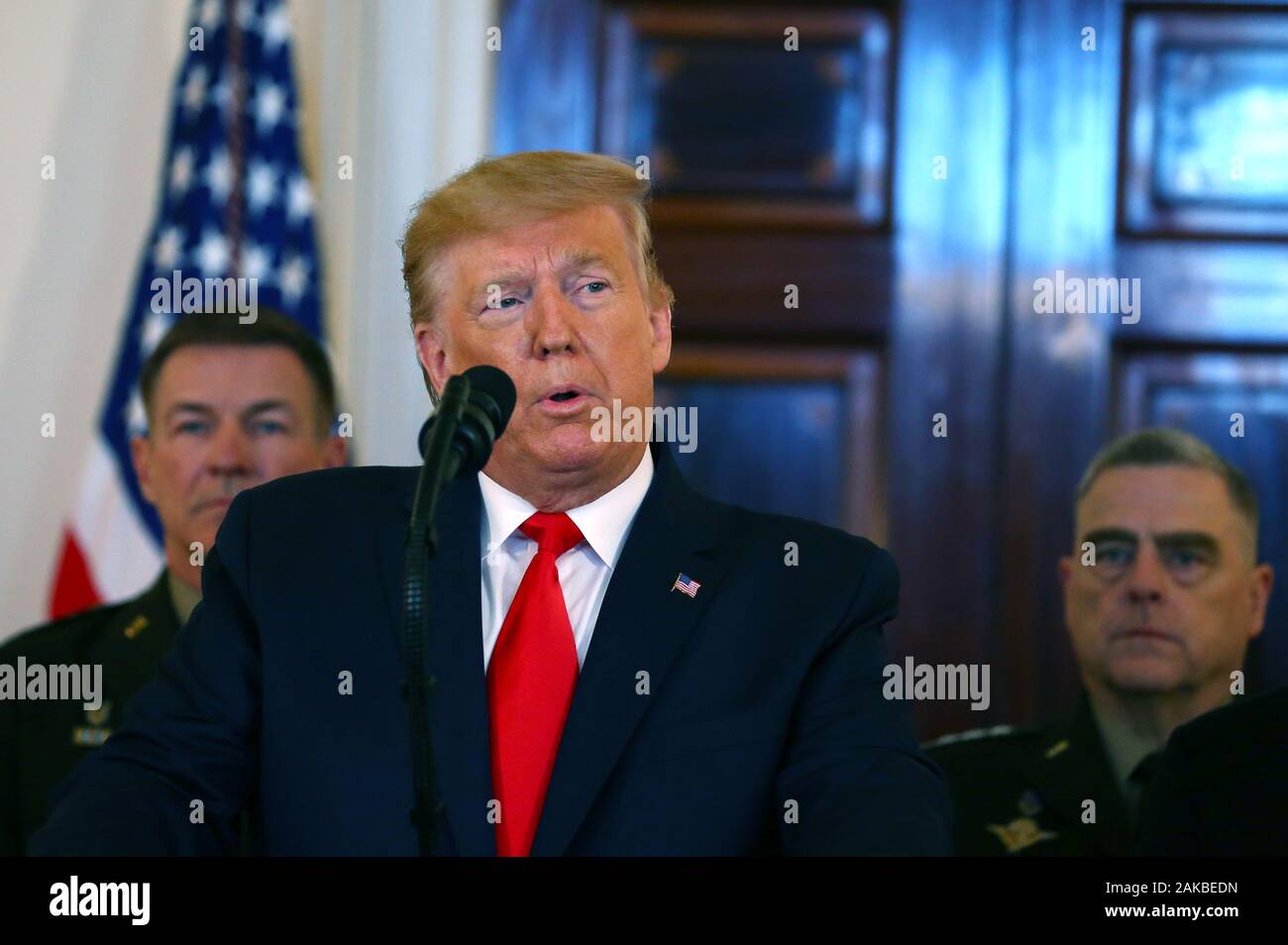 Washington, United States. 08th Jan, 2020. President Donald Trump delivers remarks on the Iraqi-Iranian situation in the Grand Foyer at the White House in Washington, DC on Wednesday, January 8, 2020. Trump responded to the Iranian missile attacks on U.S.-Iraqi airbases in Iraq. Photo by Tasos Katopodis/UPI Credit: UPI/Alamy Live News Stock Photo